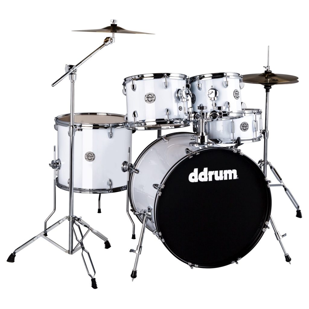 D2 5-piece Complete Drum Kit (Gloss White) with Stands, Pedal, Cymbals and Throne
