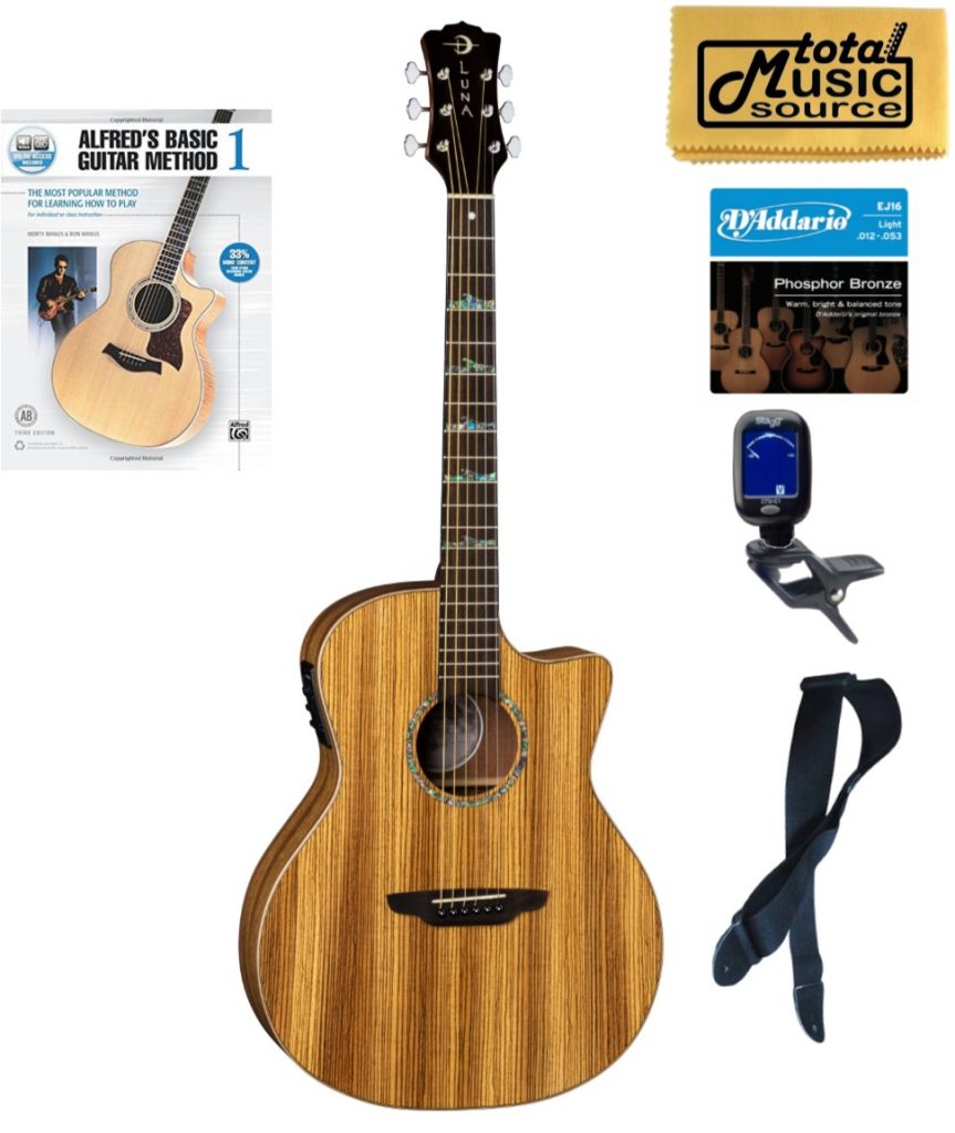 Luna Guitars HT ZBR GCE High Tide Zebrawood Grand Concert Cutaway A/E, Book Bundle
