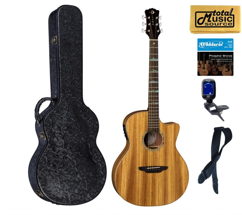 Luna Guitars HT ZBR GCE High Tide Zebrawood Grand Concert A/E, Hard Case Bundle