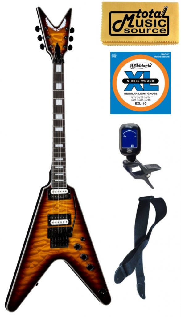 Dean V Select Quilt Top Floyd Rose Guitar, Trans Brazilia, V SEL F QM TBZ, Bundle