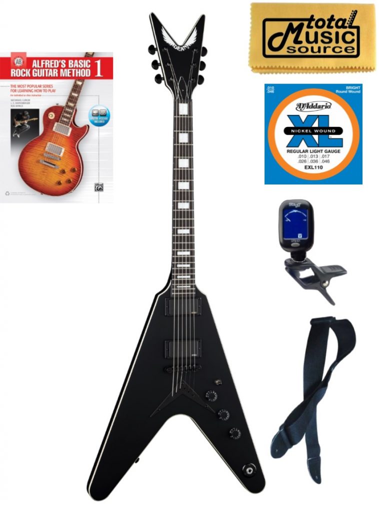 Dean V STH BKS Solid-Body Electric Guitar, Satin Black, Book Bundle