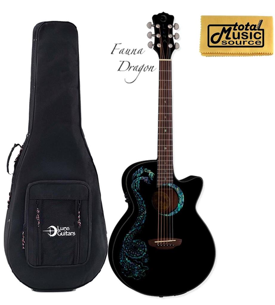 Luna Fauna Dragon Acoustic/Electric Guitar w/ FoamCore Case, Black, FAU DRA BLK