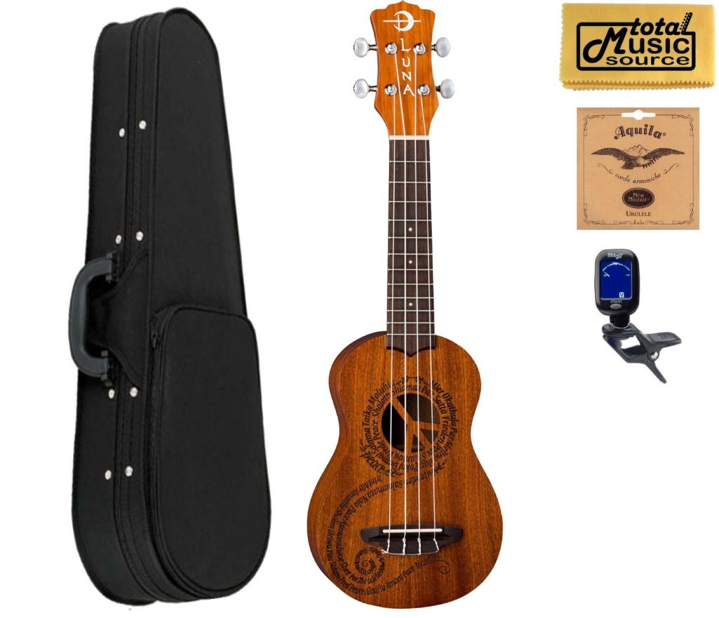 Luna Guitars Maluhia Peace Soprano Ukulele Soft Case Bundle, UKE MALU S