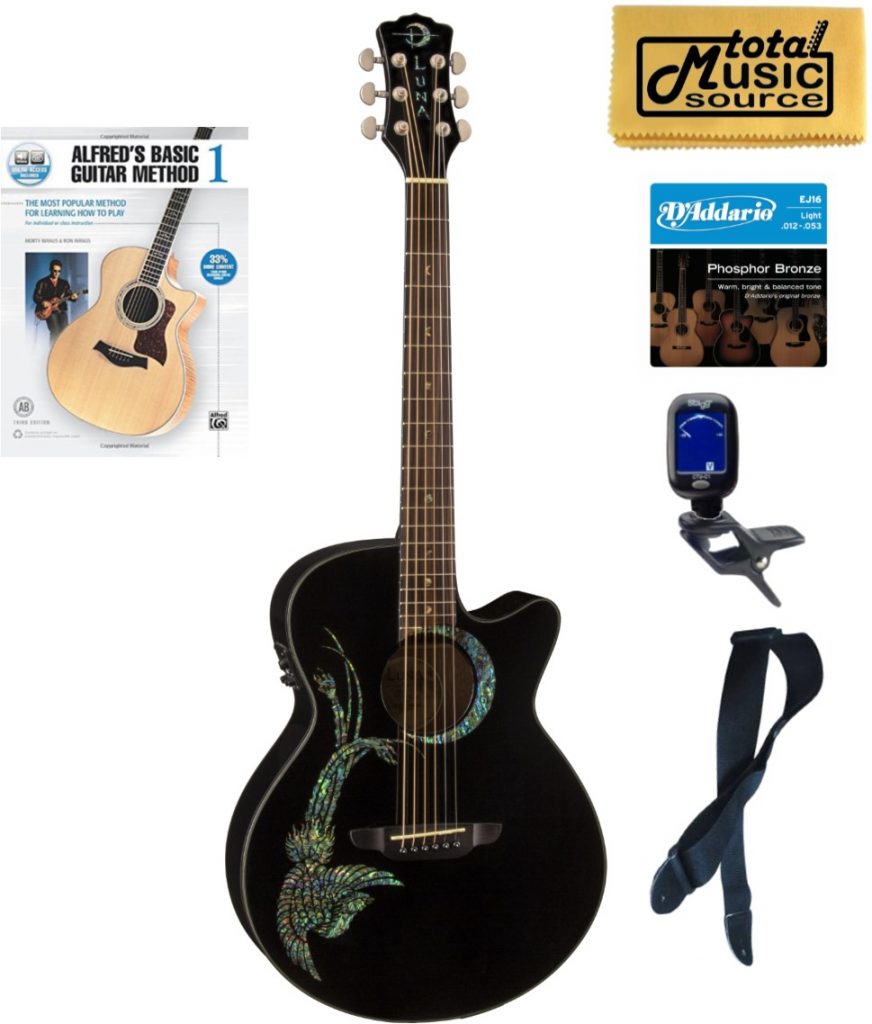 Luna FAU PHX BLK Fauna Phoenix Acoustic Guitar, Black, Book Bundle