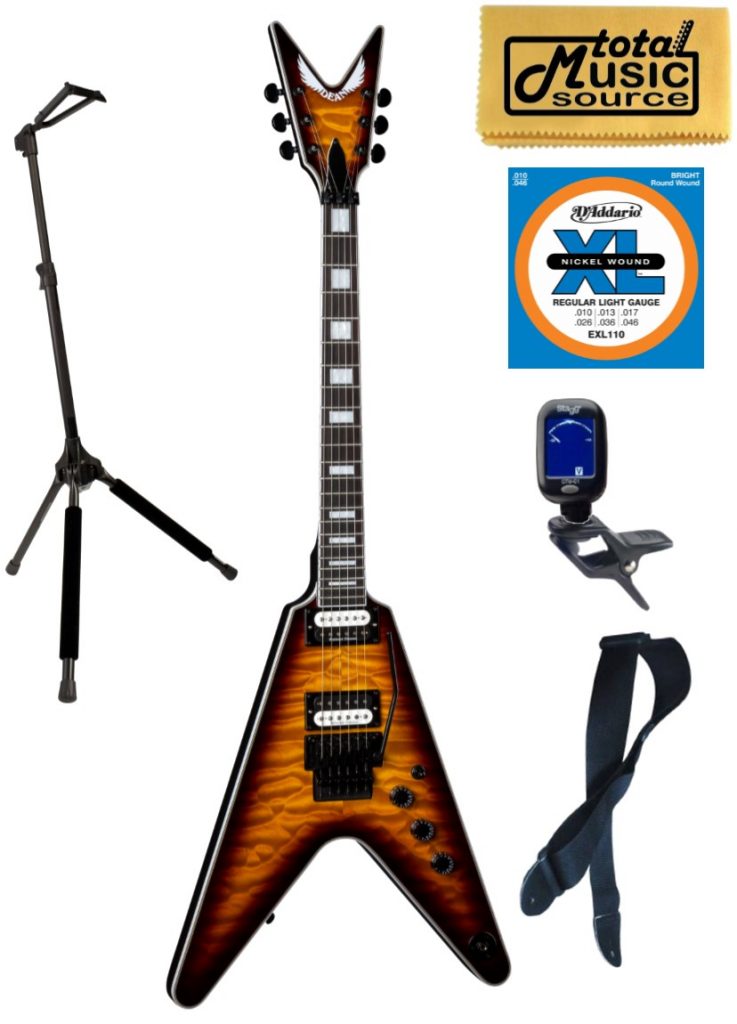 Dean V Select Quilt Top Floyd Rose Guitar, Trans Brazilia, V SEL F QM TBZ, Stand Bundle
