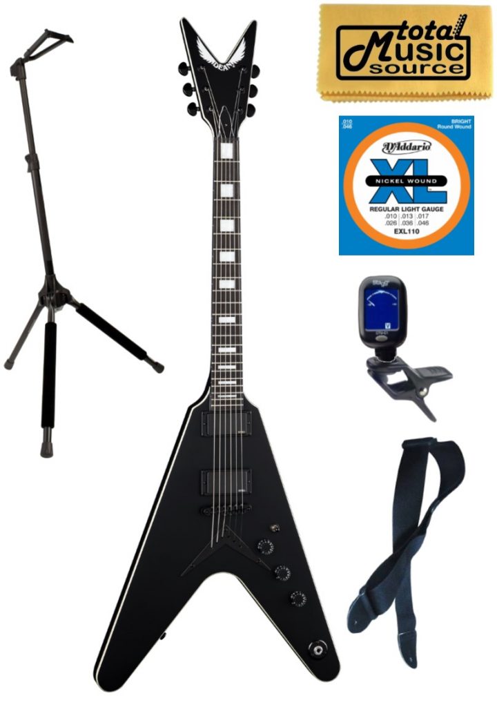 Dean V STH BKS Solid-Body Electric Guitar, Satin Black, Stand Bundle