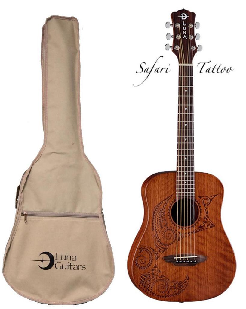 Luna Safari Series Tattoo Travel-Size Dreadnought Acoustic Guitar, SAF TATTOO