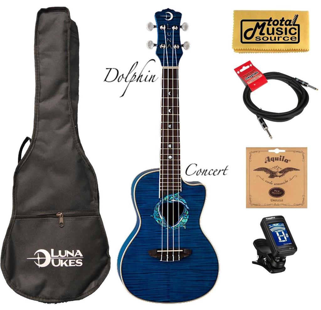 Luna Fauna Dolphin Quilted Maple Concert UkE w/Cable,Strings,Tuner &PC, UKE DPN CABLECOMP