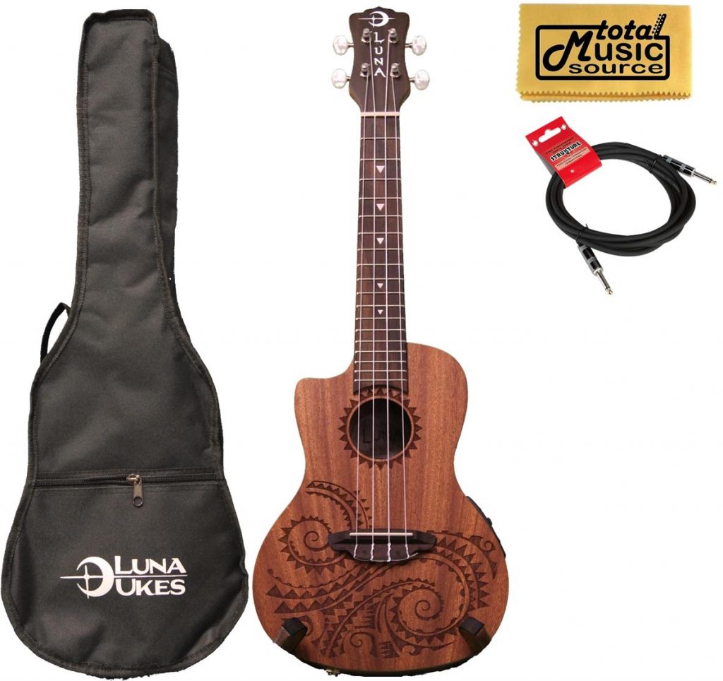 Luna Guitars A/E Concert Tattoo LEFTY w/Cable & PC, UKE TEC MAH L CABLE