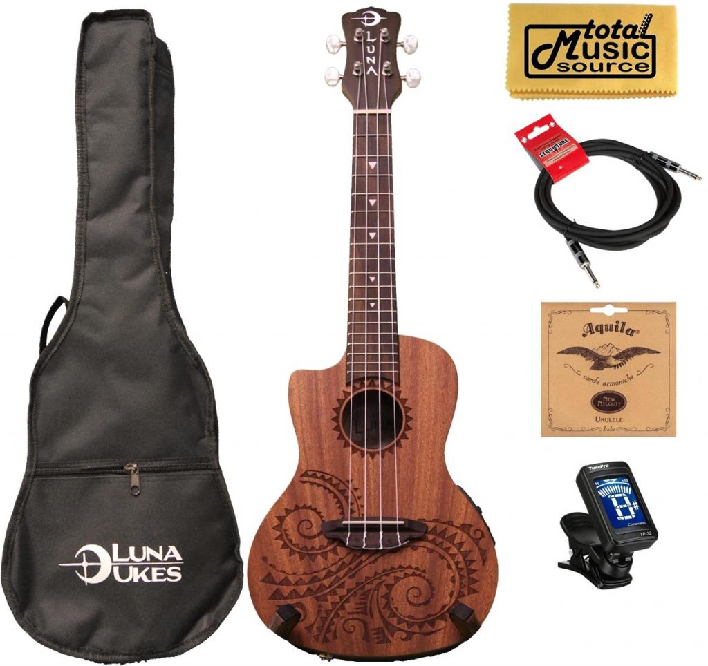 Luna Guitars A/E Concert Tattoo LEFTY w/Cable,Strings,Tuner & PC, UKE TEC MAH L CABLECOMP