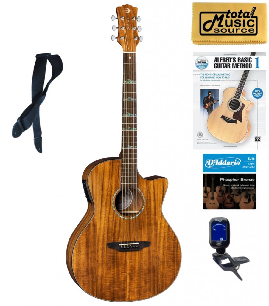 Luna Guitars HT KOA GCE High Tide Koa Grand Concert Cutaway A/E, Book Bundle