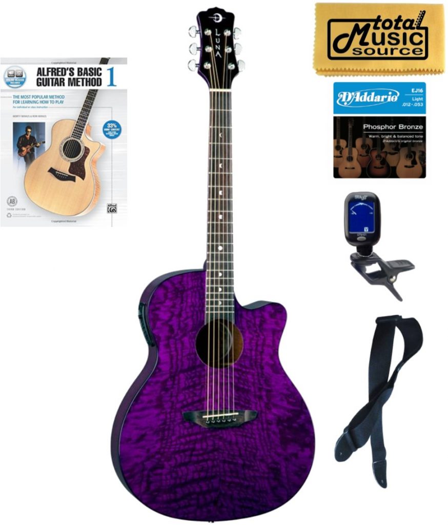Luna GYP E QA TPP Gypsy Quilt Ash Trans Purple A/E Guitar Book Bundle