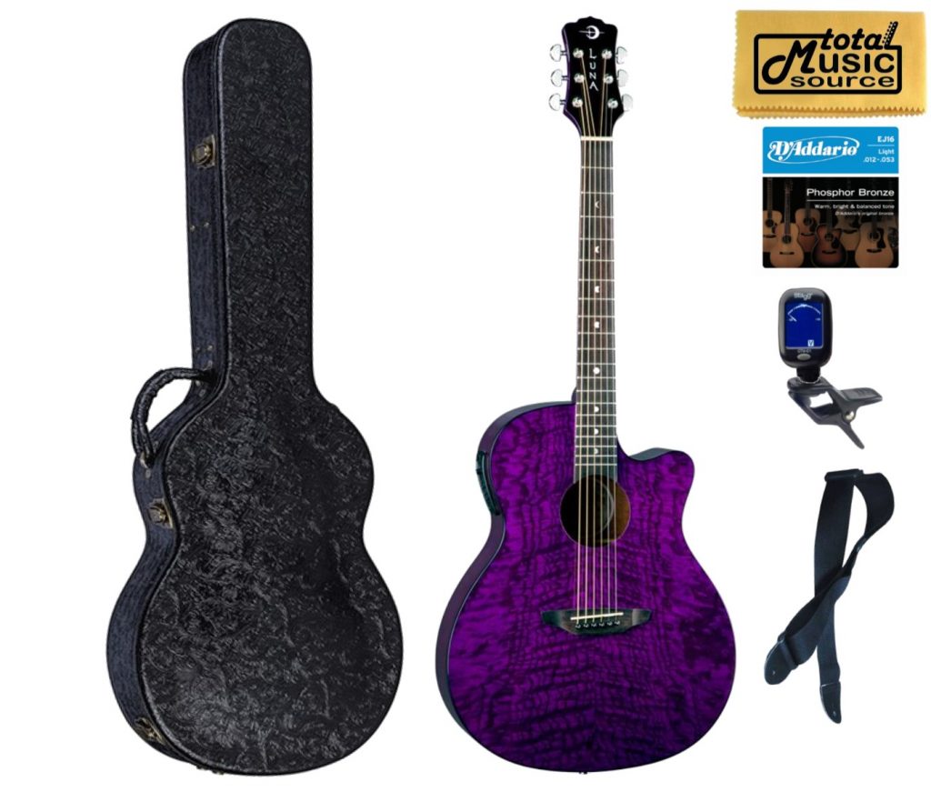 Luna GYP E QA TPP Gypsy Quilt Ash Trans Purple A/E Guitar Hard Case Bundle