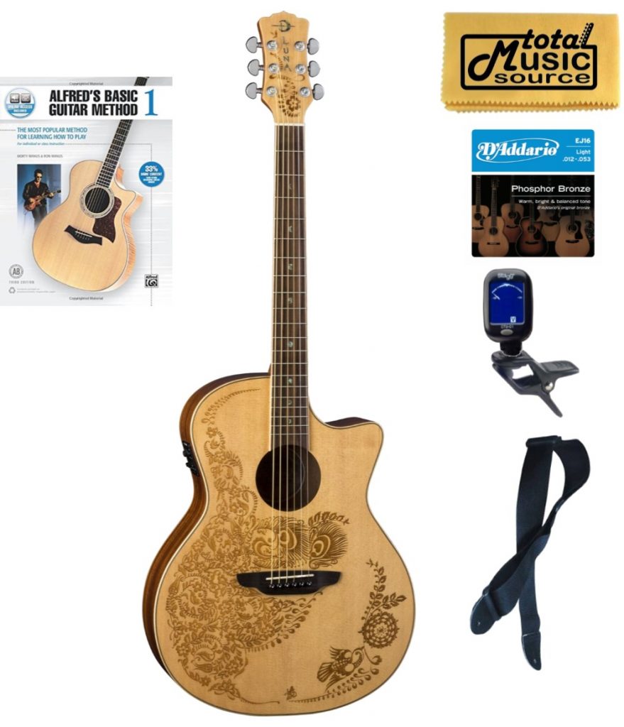 Luna HEN OA SPR Henna Oasis A/E Select Spruce Guitar, Book Bundle