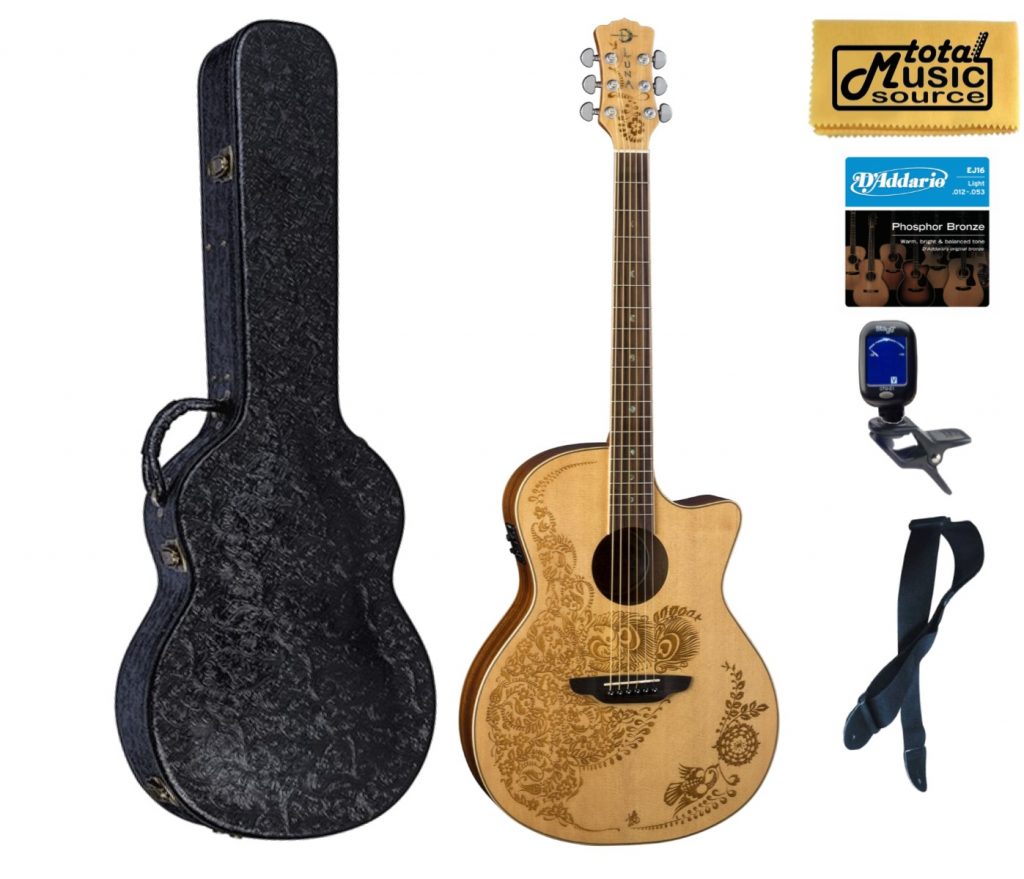 Luna HEN OA SPR Henna Oasis A/E Select Spruce Guitar, Hard Case Bundle