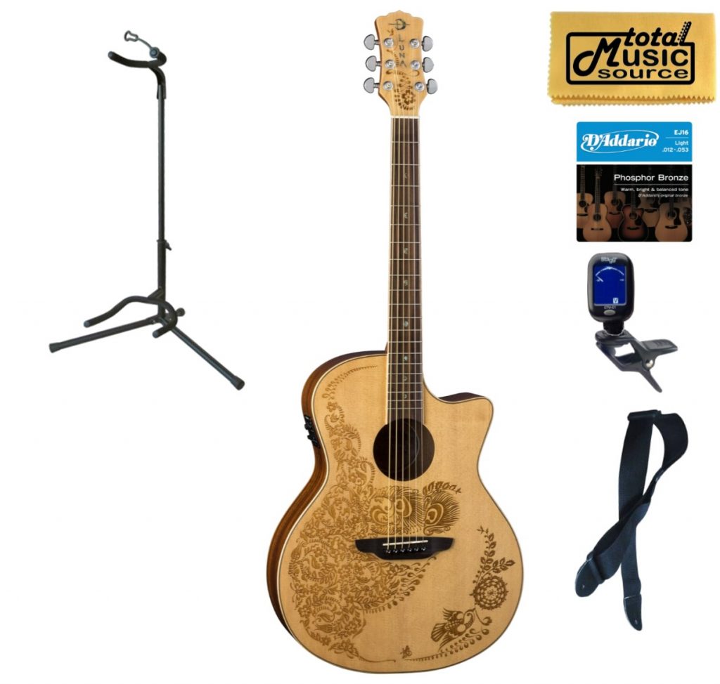 Luna HEN OA SPR Henna Oasis A/E Select Spruce Guitar, Stand Bundle
