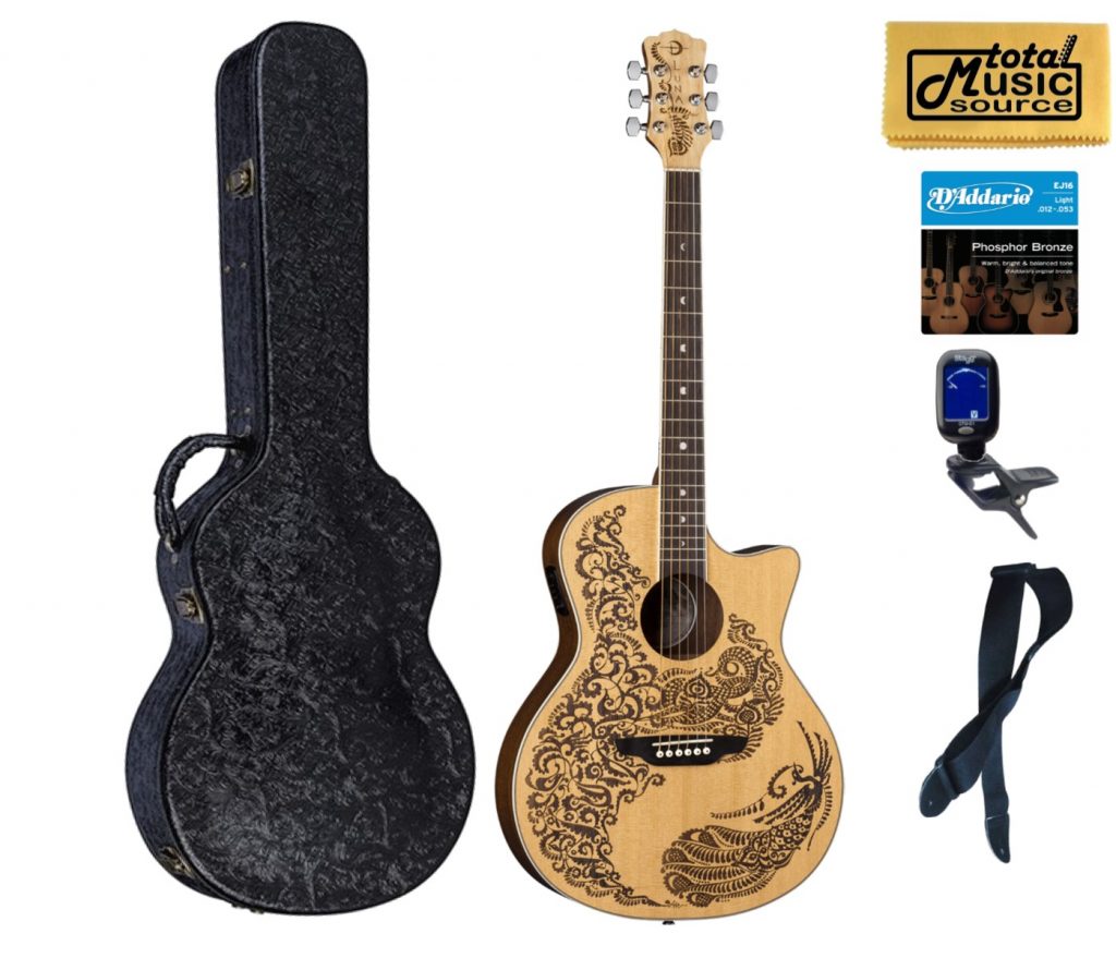 Luna HEN PA SPR Henna Paradise Select Spruce A/E Guitar, Hard Case Bundle