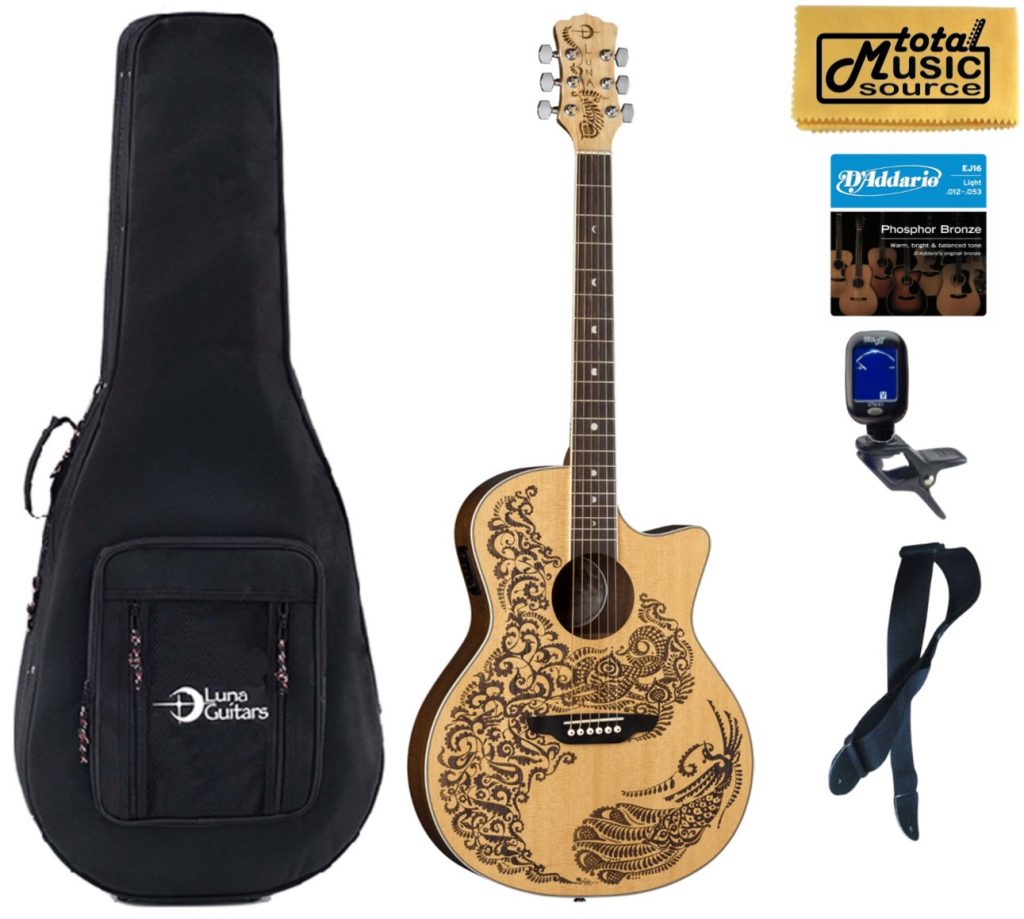Luna HEN PA SPR Henna Paradise Select Spruce A/E Guitar, Soft Case Bundle