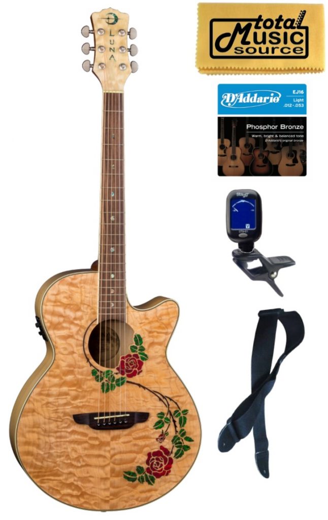 Luna FLO RSE Flora Rose Quilted Maple Cutaway A/E Guitar, Bundle