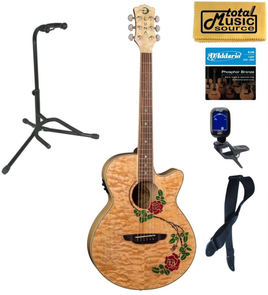 Luna FLO RSE Flora Rose Quilted Maple Cutaway A/E Guitar, Stand Bundle