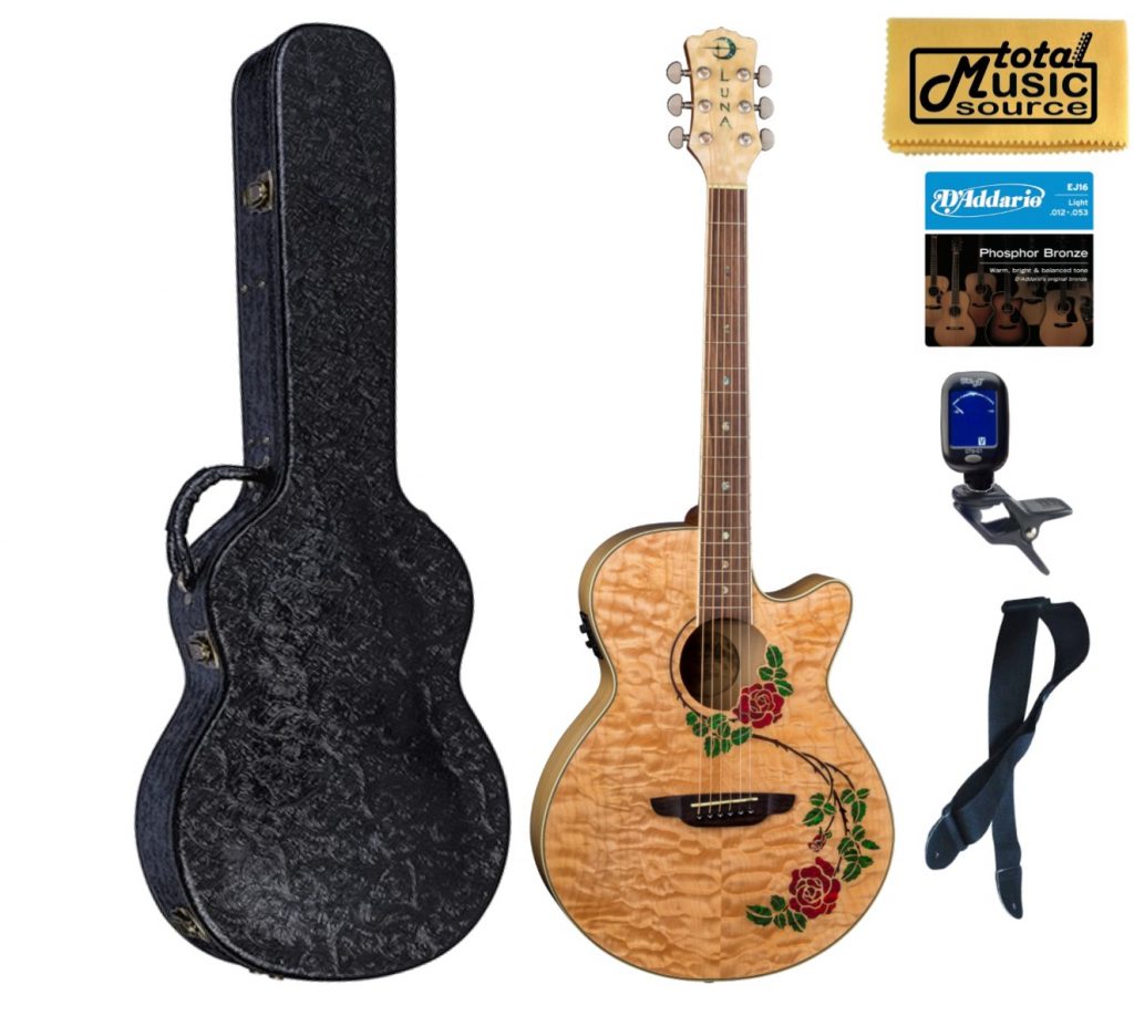 Luna FLO RSE Flora Rose Quilted Maple Cutaway A/E Guitar, Hard Case Bundle