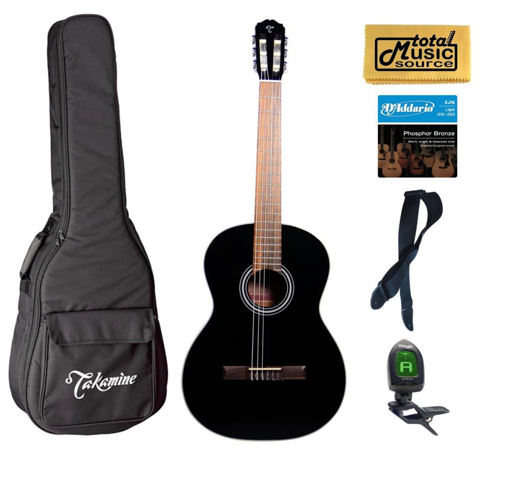 Takamine GC1 BLK Classical Acoustic Guitar, Black Bag Bundle