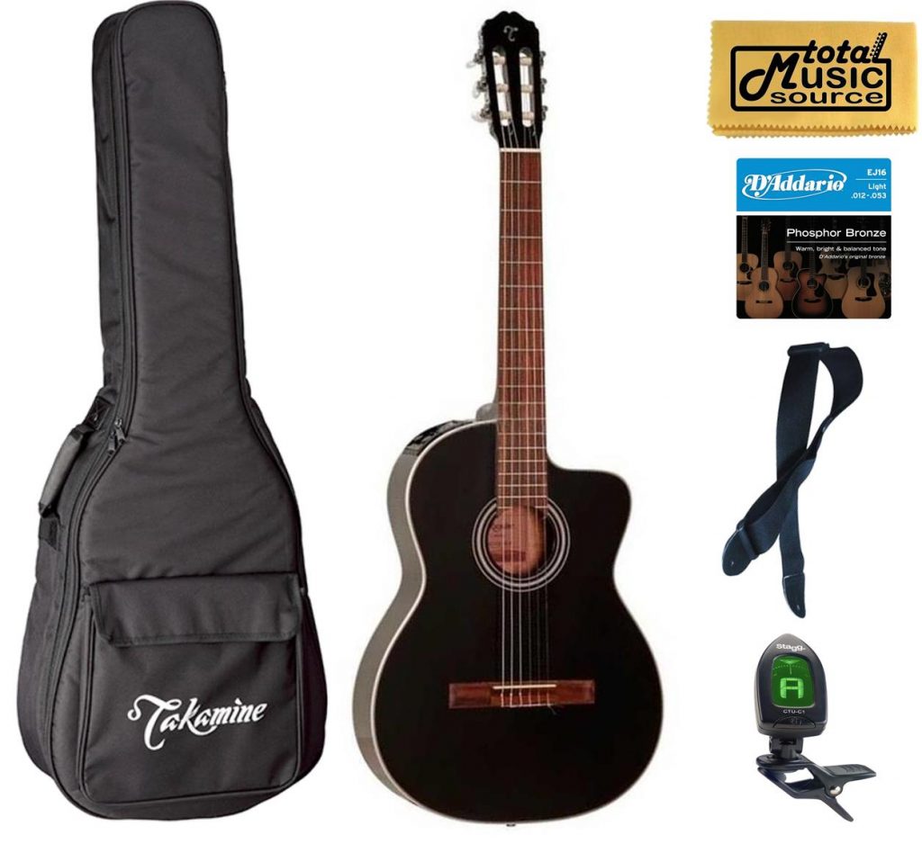Takamine G Series GC1CE-BLK Acoustic-Electric Classical Guitar, Black Bag Bundle
