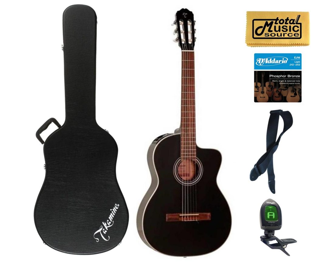 Takamine G Series GC1CE-BLK Acoustic-Electric Classical Guitar, Black Case Bundle