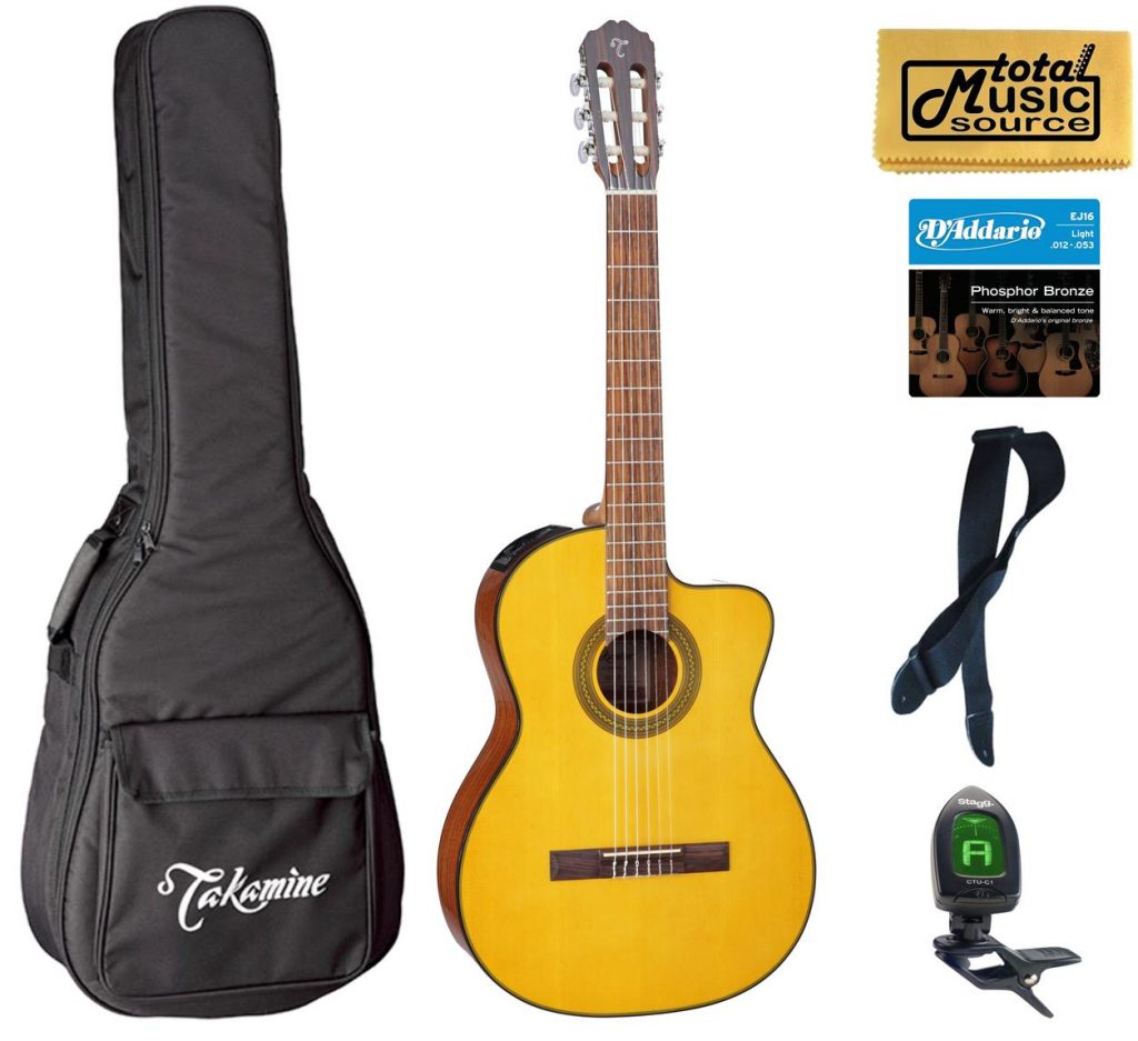Takamine G Series GC1CE-NAT Acoustic-Electric Classical Cutaway Guitar, Natural Bag Bundle