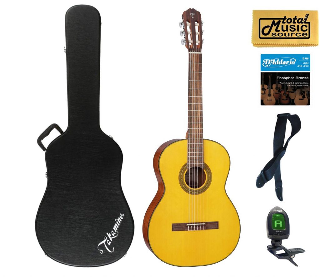 Takamine GC1LH NAT Classical Acoustic Guitar, Left Handed, Natural Case Bundle