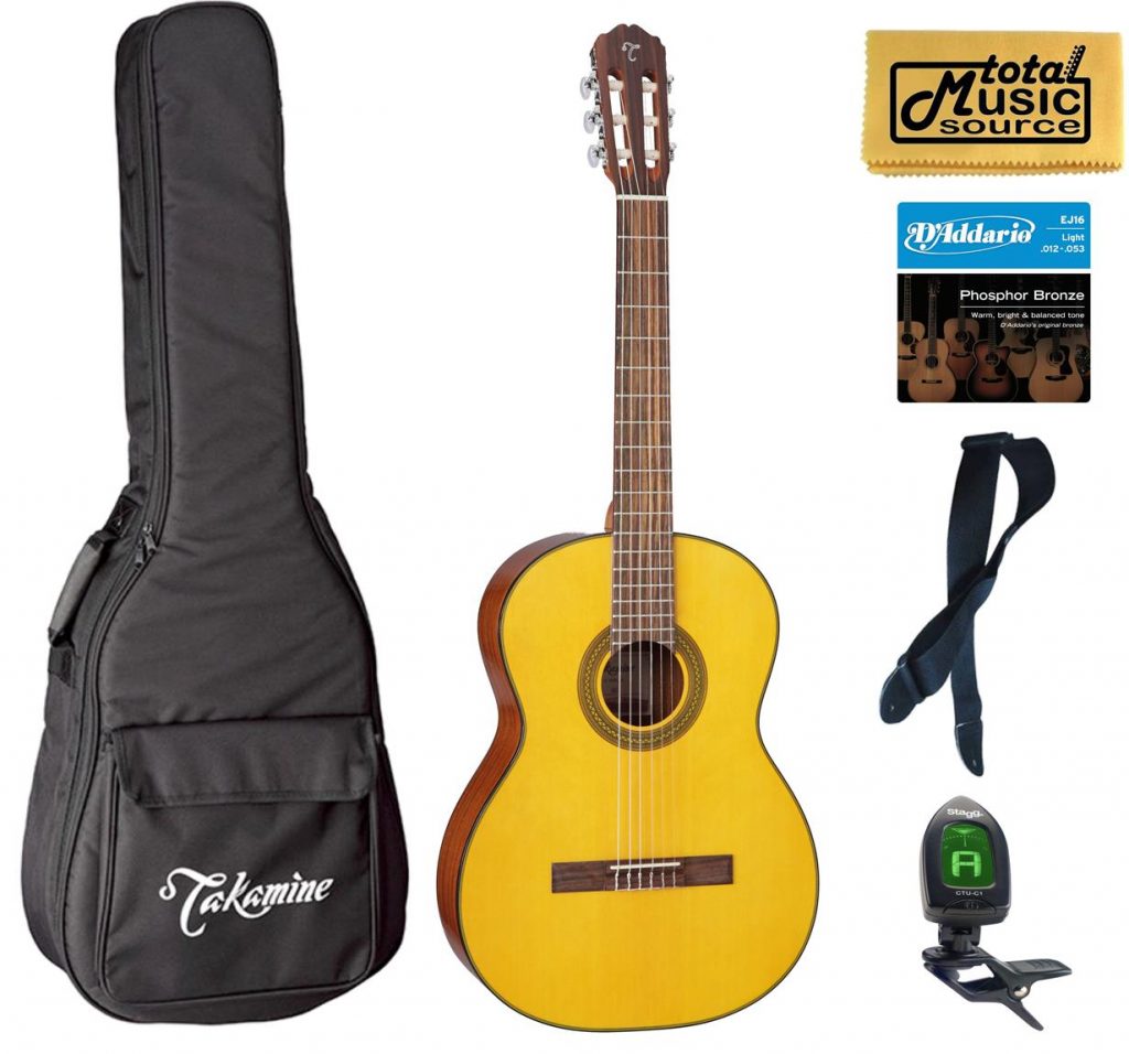Takamine GC1 NAT Classical Acoustic Guitar, Natural, Bag Bundle