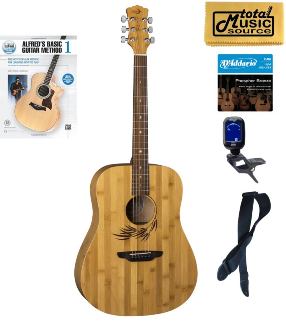 Luna Guitars WL BAMBOO DREAD Woodland Bamboo Dreadnought Guitar, Book Bundle