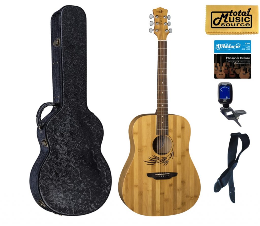 Luna Guitars WL BAMBOO DREAD Woodland Bamboo Guitar, Hard Case Bundle