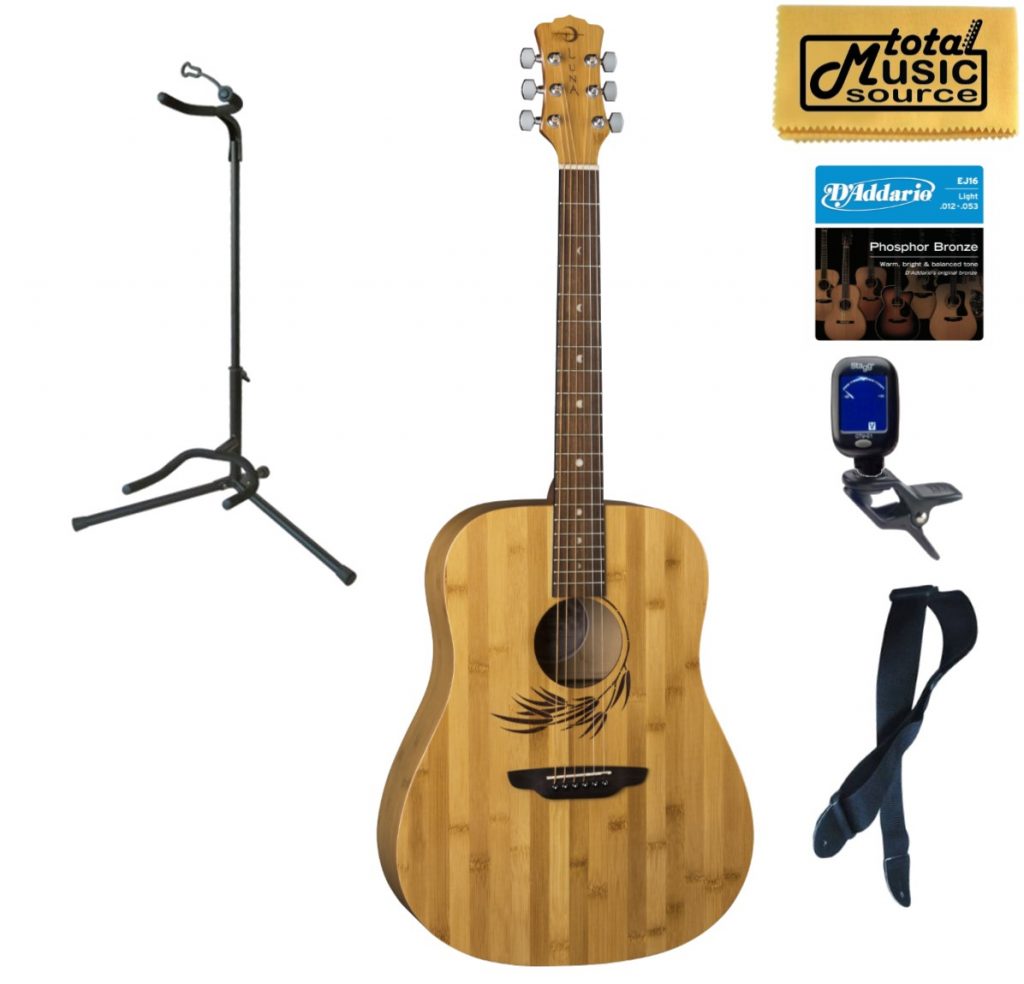 Luna Guitars WL BAMBOO DREAD Woodland Bamboo Dreadnought Guitar, Stand Bundle