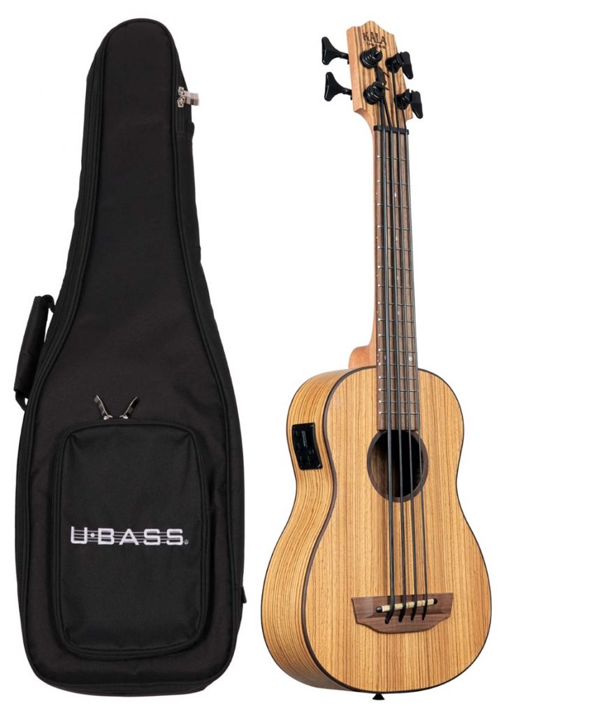 Kala U-BASS Zebrawood Fretted Bass Ukulele w/ Deluxe Padded Bag, UBASS-ZEB-FS