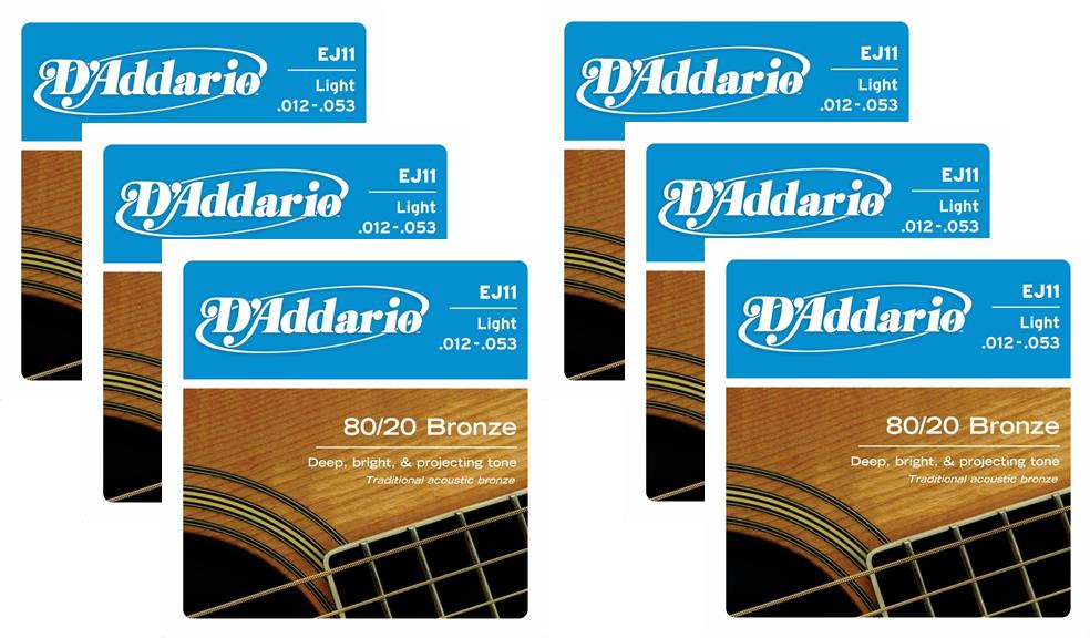 LOT OF 6 - D'Addario 80/20 Bronze Acoustic Guitar Strings, Light, 12-53, EJ11 ^6