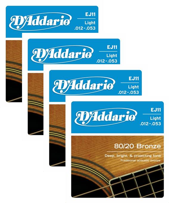 LOT OF 4 - D'Addario 80/20 Bronze Acoustic Guitar Strings, Light, 12-53, EJ11 ^4