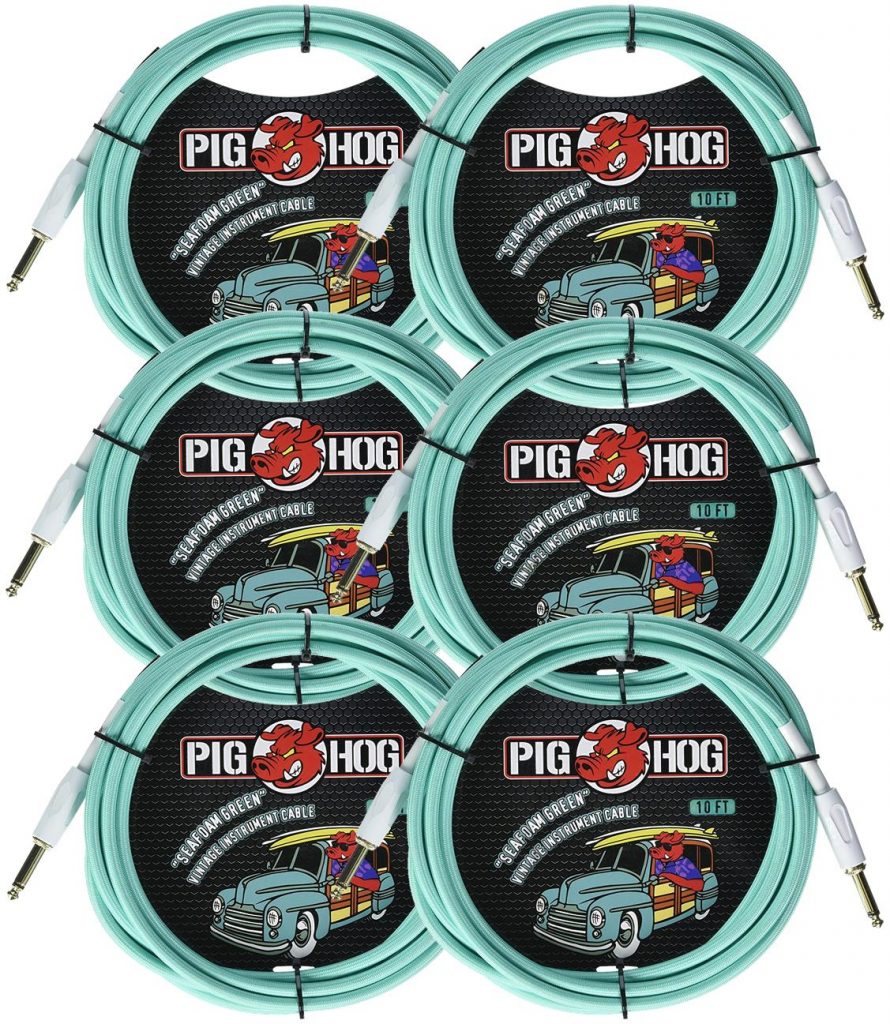 6 Pack Pig Hog Instrument Cable 10 ft. Seafoam Green, PCH10SG-6