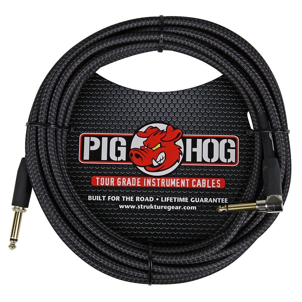 Pig Hog Instrument Cable Black Woven 1/4' to 1/4' Right Angle 20 ft. Black Woven, PCH20BKR