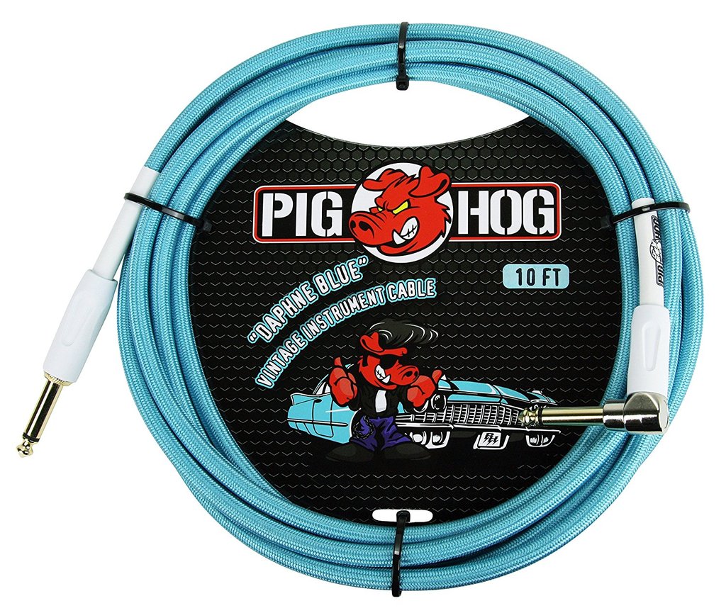 Pig Hog PCH10DBR 1/4' Straight to 1/4' Right-Angle Daphne Blue Instrument Cable, 10 feet