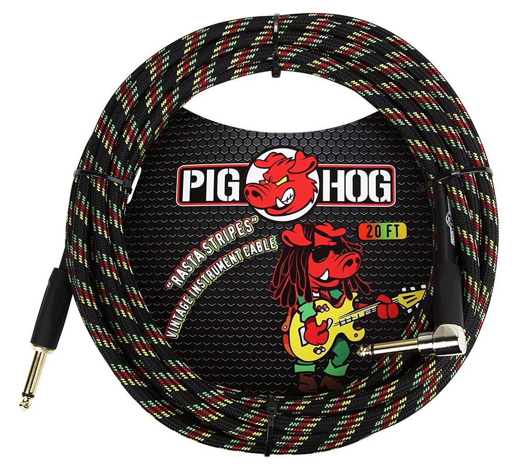 Pig Hog PCH20RAR 1/4' Straight to 1/4' Right-Angle Rasta Stripes Instrument Cable, 20 feet