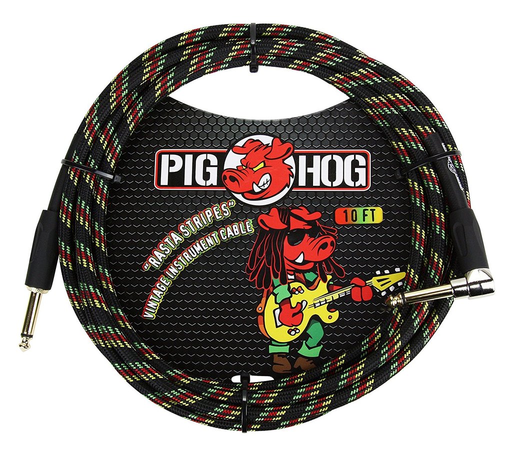 Pig Hog PCH10RAR 1/4' Straight to 1/4' Right-Angle Rasta Stripes Instrument Cable, 10 feet