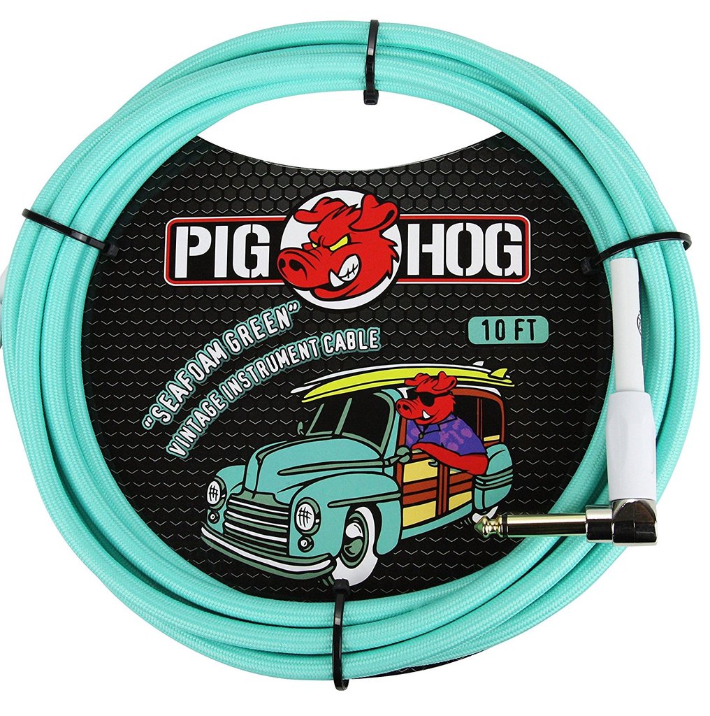 Pig Hog PCH10SGR 1/4' Straight to 1/4' Right-Angle Seafoam Green Instrument Cable, 10 feet