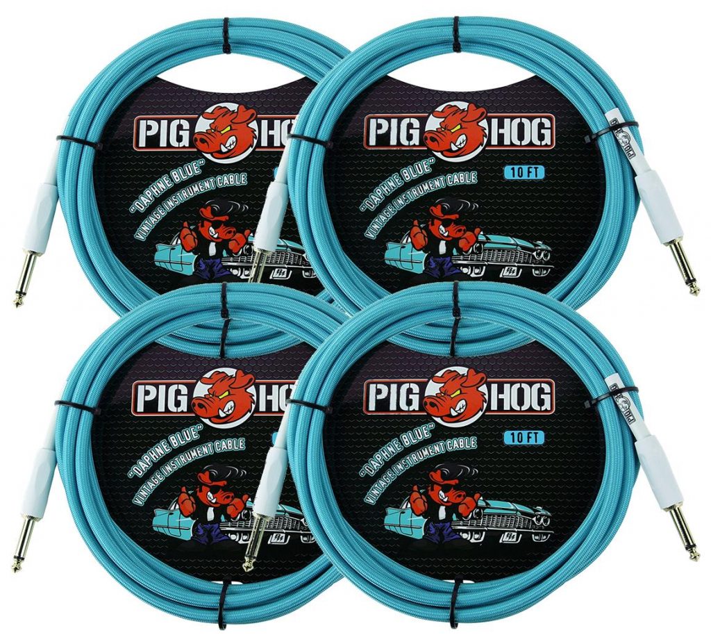 4 Pack Pig Hog 1/4' to 1/4' Daphne Blue Instrument Cable, 10 feet PCH10DB-4