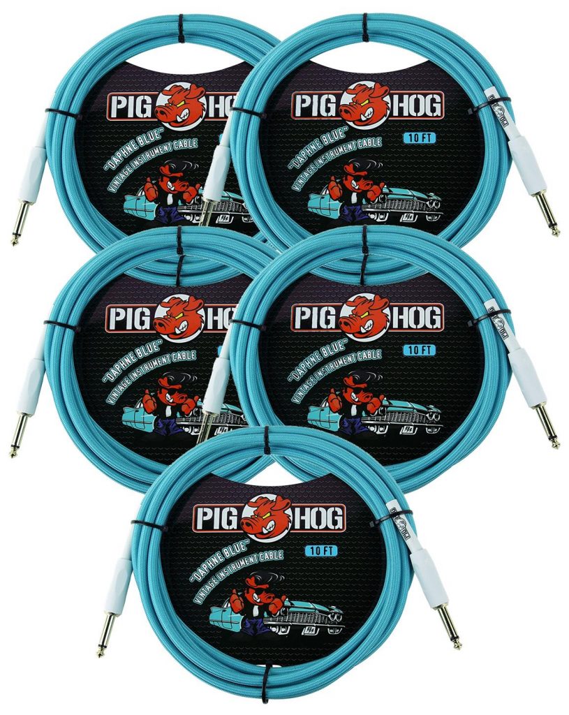 5 Pack Pig Hog 1/4' to 1/4' Daphne Blue Instrument Cable, 10 feet PCH10DB-5