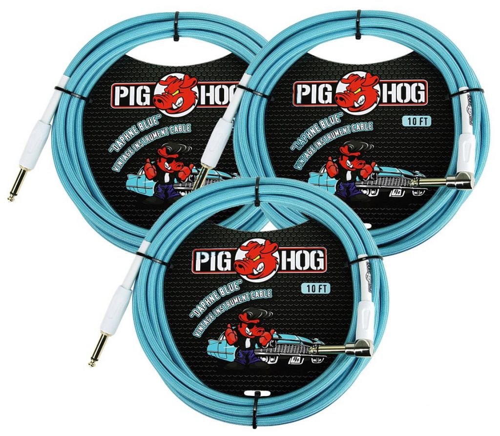 3 Pack Pig Hog 1/4' Straight to 1/4' Right-Angle Daphne Blue Instrument Cable, 10 feet PCH10DBR-3