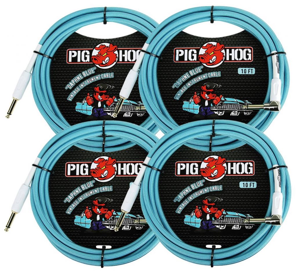 4 Pack Pig Hog 1/4' Straight to 1/4' Right-Angle Daphne Blue Instrument Cable, 10 feet PCH10DBR-4