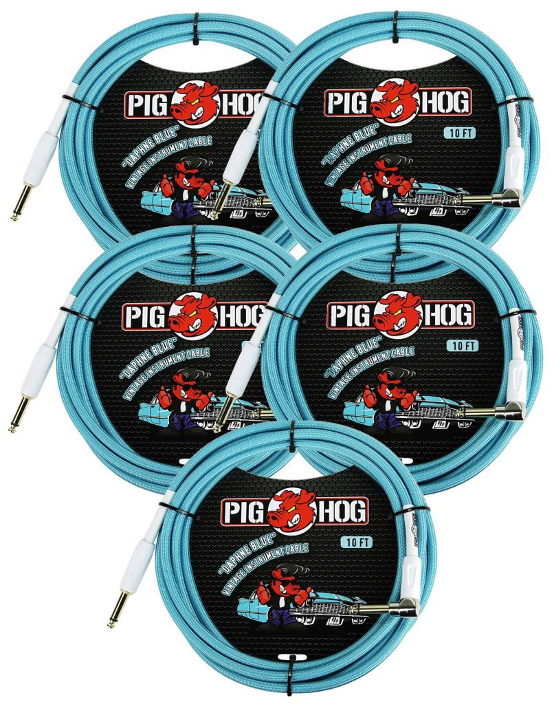 5 Pack Pig Hog 1/4' Straight to 1/4' Right-Angle Daphne Blue Instrument Cable, 10 feet PCH10DBR-5