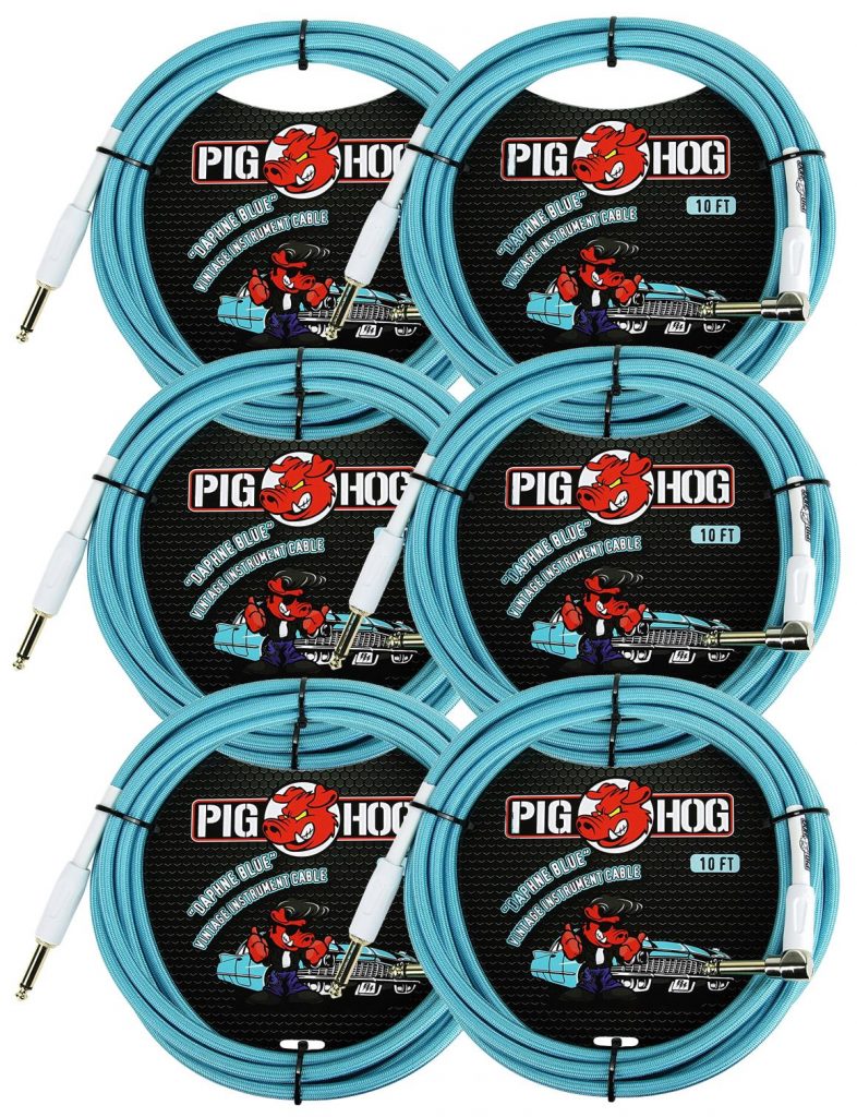 6 Pack Pig Hog 1/4' Straight to 1/4' Right-Angle Daphne Blue Instrument Cable, 10 feet PCH10DBR-6