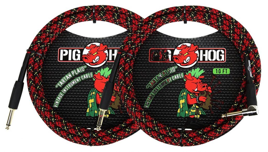 2 Pack Pig Hog 1/4' Straight to 1/4' Right-Angle Tartain Plaid Instrument Cable, 10 feet PCH10PLR-2